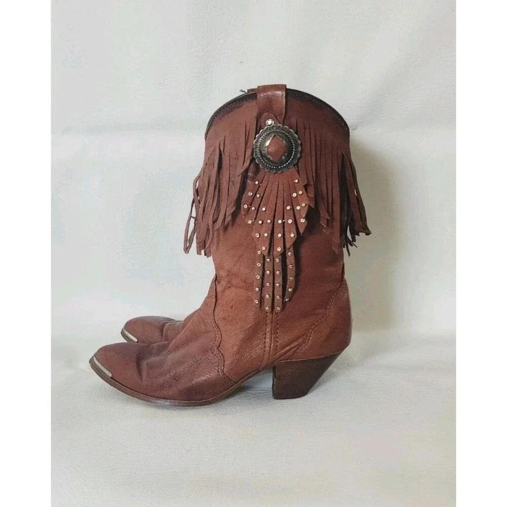 Vintage Brown Concho Fringed Western Boots  Boho Cowgirl Tassel Festival  90s 7